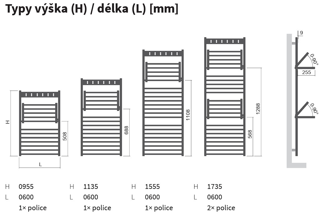 Koupelnový radiátor Flexi s háčky ISAN Melody technický výkres